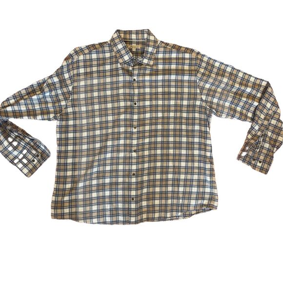 Peter Millar Men's XL Blue Tan Plaid Long‎ Sleeve Button Flannel Shirt #167 - Picture 3 of 4